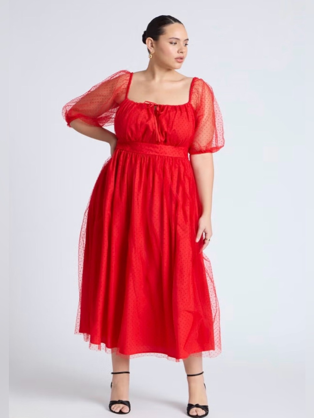 Eloquii Red Tulle Puff-Sleeve Midi Dress size 16